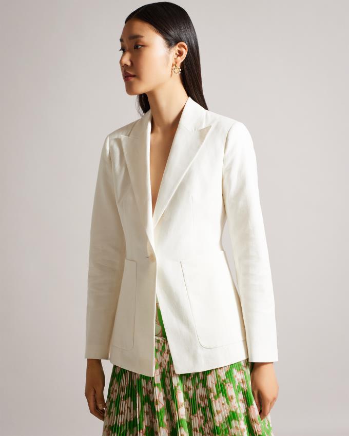 Blazer Ted Baker Single Breasted Cotton And Linen Blanche Femme | NYN-45939554